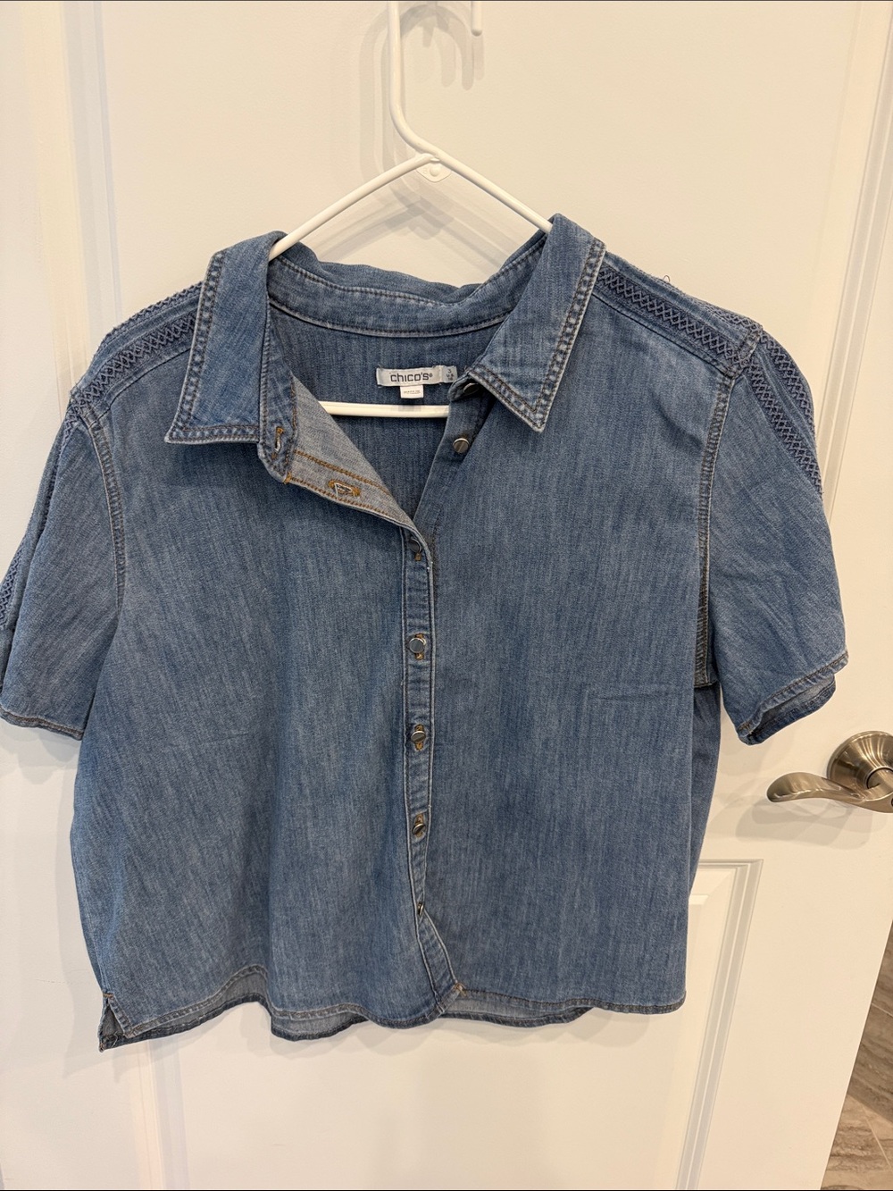 Chico's Washed Blue Short-Sleeve Denim Button-Up